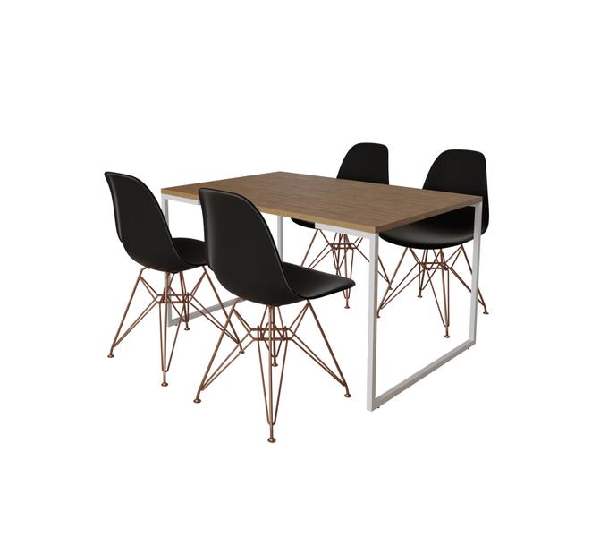 Imagem de Mesa Industrial Base Ferro Branco Tampo 137x90 Amendoa 4 Cadeiras Eames Ferro Cobre Assento Preto