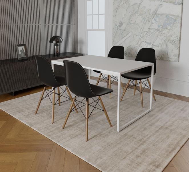 Imagem de Mesa Industrial Base Ferro Branco Tampo 137x90 Branco 4 Cadeiras Eames Madeira Assento Preto