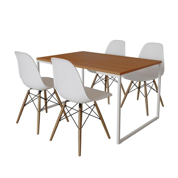 Imagem de Mesa Industrial Base Ferro Branco Tampo 137x90 Canela 4 Cadeiras Eames Madeira Assento Branco