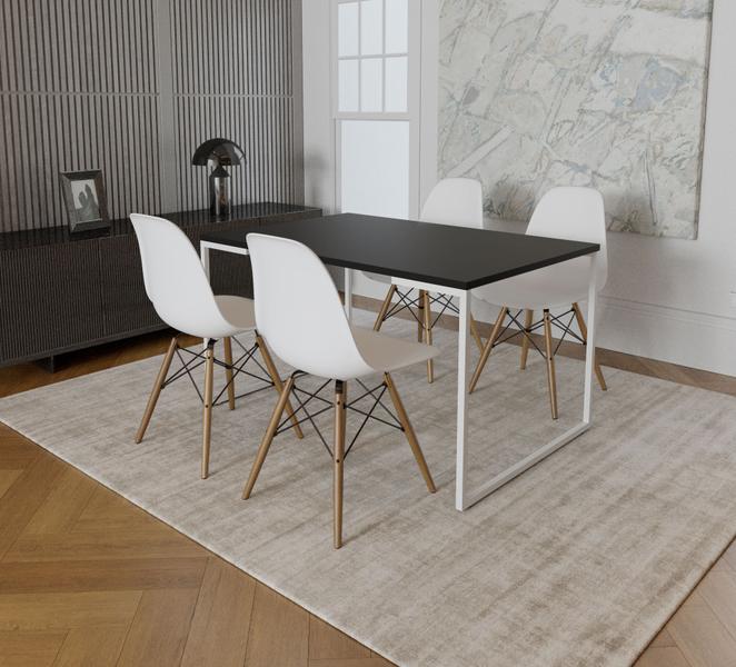 Imagem de Mesa Industrial Base Ferro Branco Tampo 137x90 Preto 4 Cadeiras Eames Madeira Assento Branco