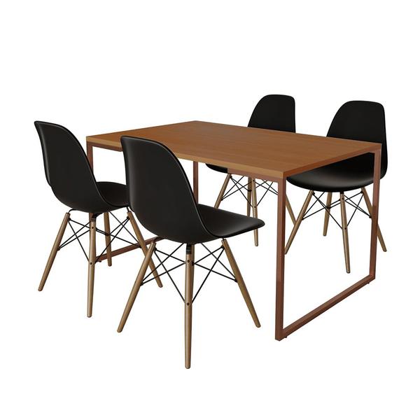 Imagem de Mesa Industrial Base Ferro Cobre Tampo 137x90 Canela 4 Cadeiras Eames Madeira Assento Preto