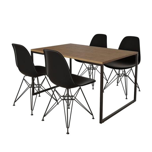 Imagem de Mesa Industrial Base Ferro Preto Tampo 137x90 Amêndoa 4 Cadeiras Ferro Preto Assento Preto