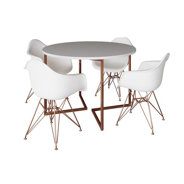 Imagem de Mesa Industrial Jantar Branca 110cm Redonda Base V com 4 Poltronas Brancas Eames Eiffel Base Cobre