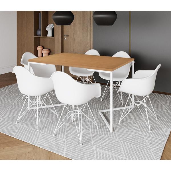 Imagem de Mesa Industrial Jantar Canela 137x90cm Base V com 6 Poltronas Eames Eiffel Brancas Ferro Branco