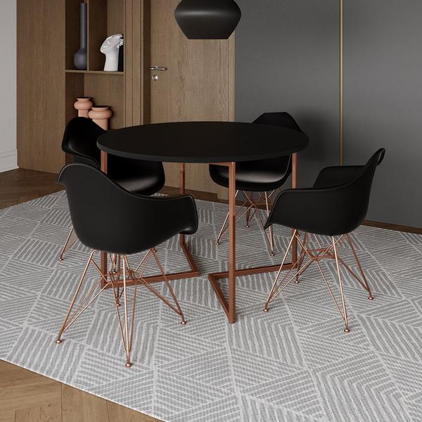 Imagem de Mesa Industrial Jantar Preta 110cm Redonda Base V com 4 Poltronas Pretas Eames Eiffel Base Cobre