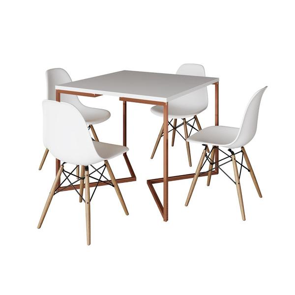 Imagem de Mesa Industrial Jantar Quadrada Branca 90x90cm Base Cobre V com 4 Cadeiras Eames Eiffel Brancas Made