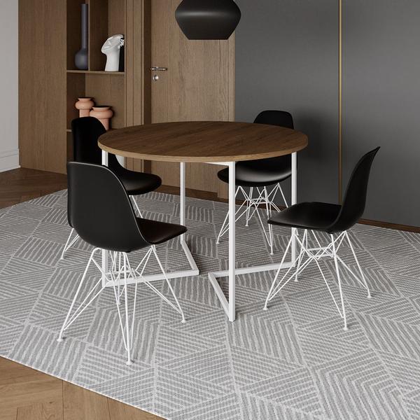 Imagem de Mesa Industrial Jantar Redonda Amêndoa 110cm Base V com 4 Cadeiras Eames Pretas Ferro Branco