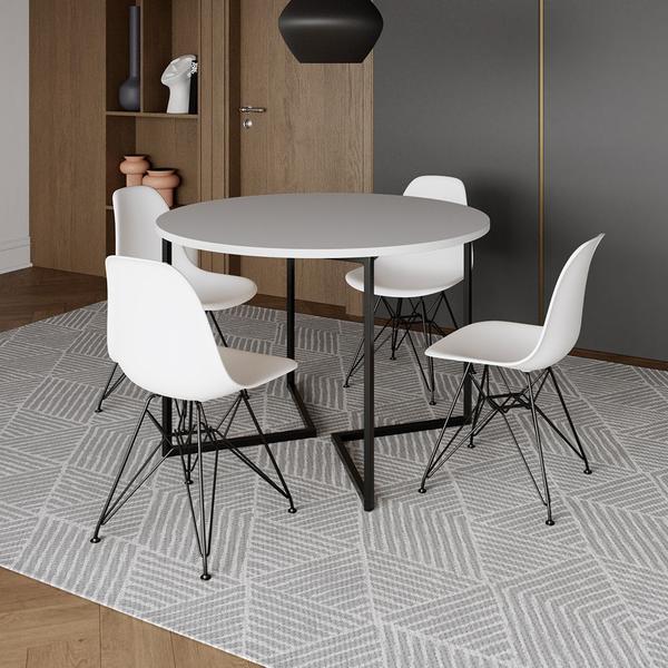 Imagem de Mesa Industrial Jantar Redonda Branca 110cm Base V com 4 Cadeiras Eames Brancas Ferro Preto