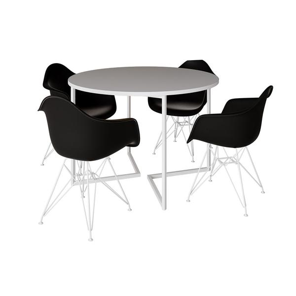 Imagem de Mesa Industrial Jantar Redonda Branca 110cm Base V com 4 Poltronas Eames Eiffel Daw Pretas Ferro Bra