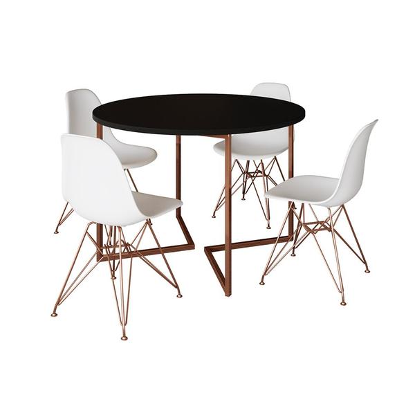 Imagem de Mesa Industrial Jantar Redonda Preta 110cm Base V com 4 Cadeiras Eames Brancas Base Cobre