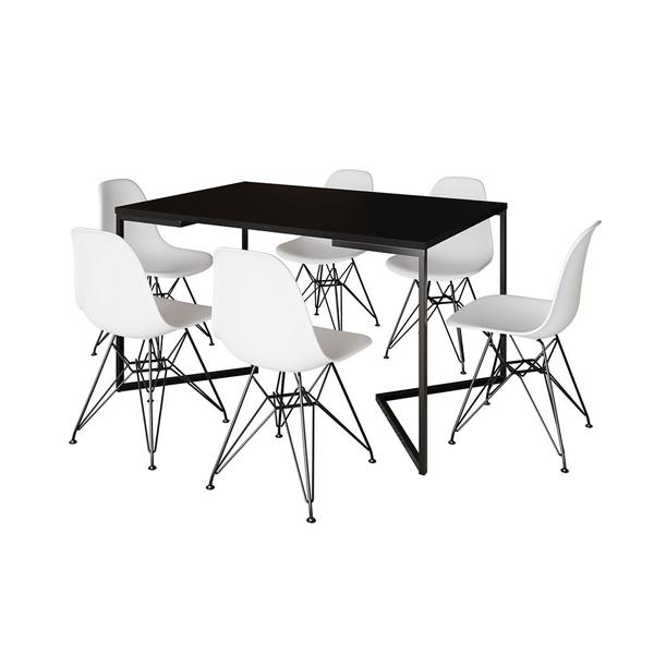 Imagem de Mesa Industrial Jantar Retangular 137x90cm Preta Base V com 6 Cadeiras Eames Eiffel Brancas Ferro Pr