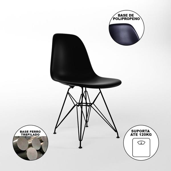 Imagem de Mesa Industrial Jantar Retangular 137x90cm Preta Base V com 6 Cadeiras Eames Eiffel Pretas Ferro Pre