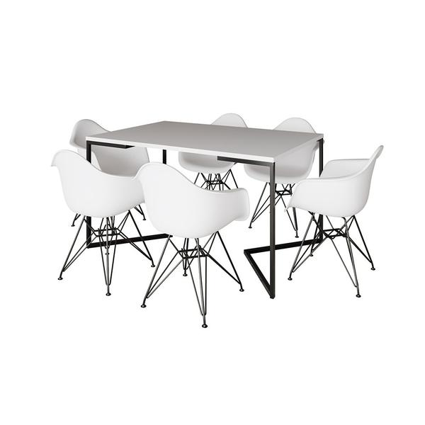 Imagem de Mesa Industrial Jantar Retangular Branca 137x90cm Base V com 6 Poltronas Brancas Eames Eiffel Ferro 