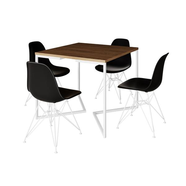 Imagem de Mesa Industrial Quadrada Jantar Amêndoa 90cm Base V com 4 Cadeiras Pretas Eames Eiffel Ferro Branco