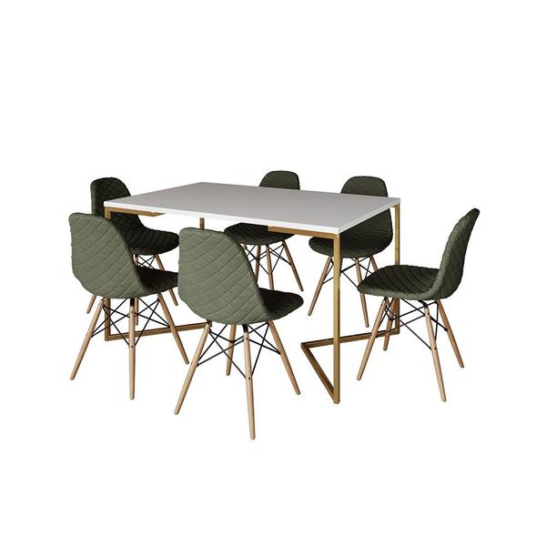 Imagem de Mesa Industrial Retangular Branca Base V Dourada 137x90cm 6 Cadeiras Eames Madeira Estofadas Verdes