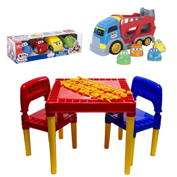 Imagem de Mesa Infantil Com 2 Cadeiras Mais Carrinhos Coloridos