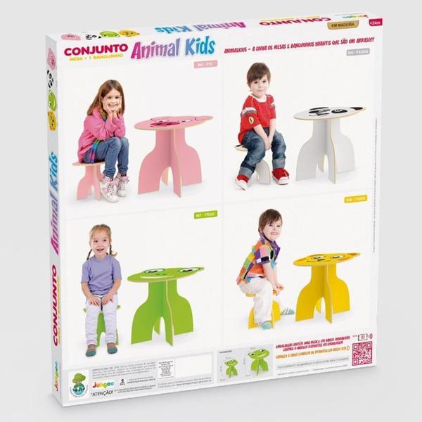 Imagem de Mesa infantil tiger madeira didatica com cadeira banquinho desmontavel kit amarela animalkids junges