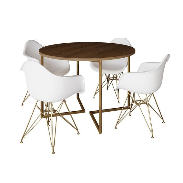 Imagem de Mesa Jantar Industrial Amêndoa 110cm Redonda Base V com 4 Poltronas Eames Eiffel Daw Brancas Base Do