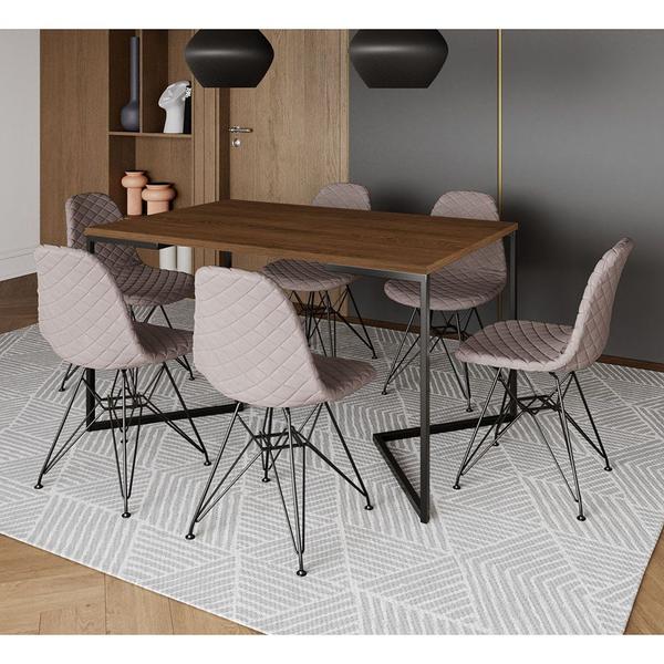 Imagem de Mesa Jantar Industrial Amêndoa 137x90cm Base V com 6 Cadeiras Eames Aço Preto Estofadas Nude Médio