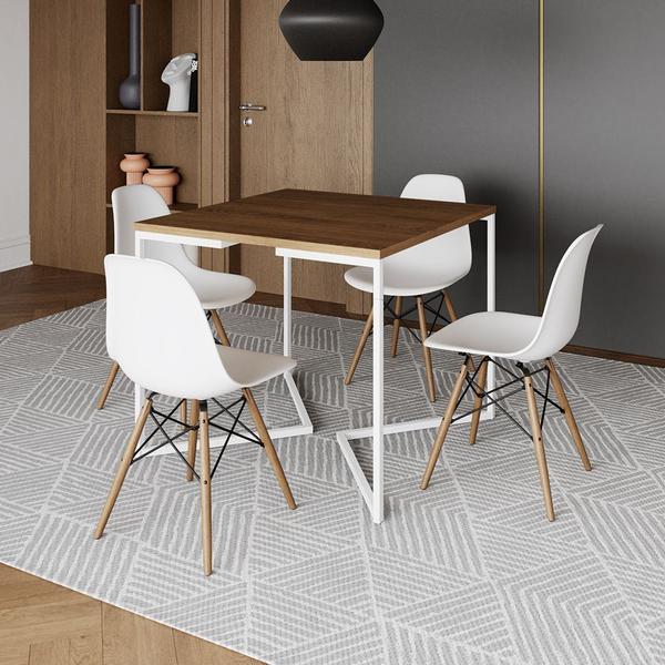 Imagem de Mesa Jantar Industrial Amêndoa 90x90cm Base V Ferro Branco com 4 Cadeiras Eames Eiffel Madeira Branc