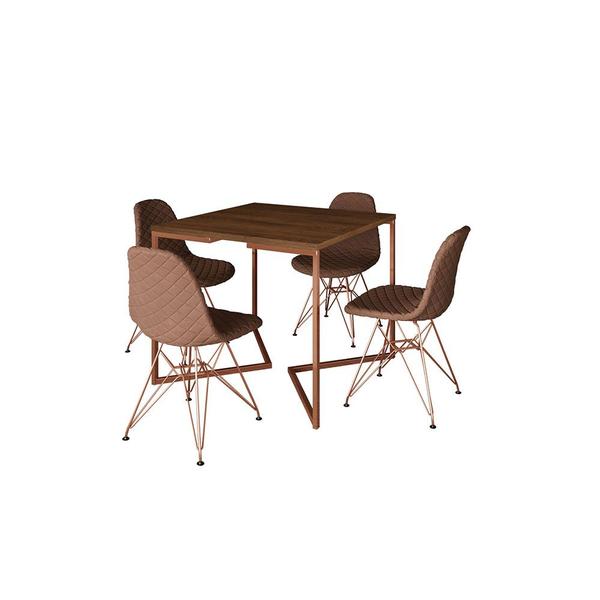 Imagem de Mesa Jantar Industrial Base Cobre V 90cm Quadrada Amêndoa C/ 4 Cadeiras Cobre Eames Estofada Caramel