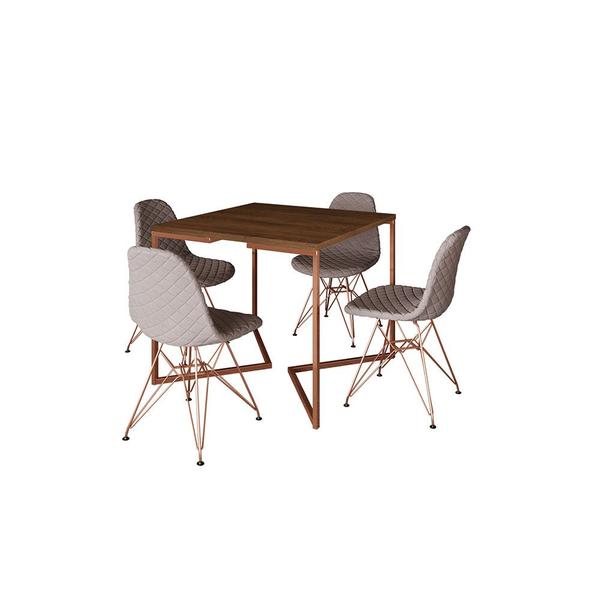 Imagem de Mesa Jantar Industrial Base Cobre V 90cm Quadrada Amêndoa C/ 4 Cadeiras Cobre Eames Estofada Nude Mé