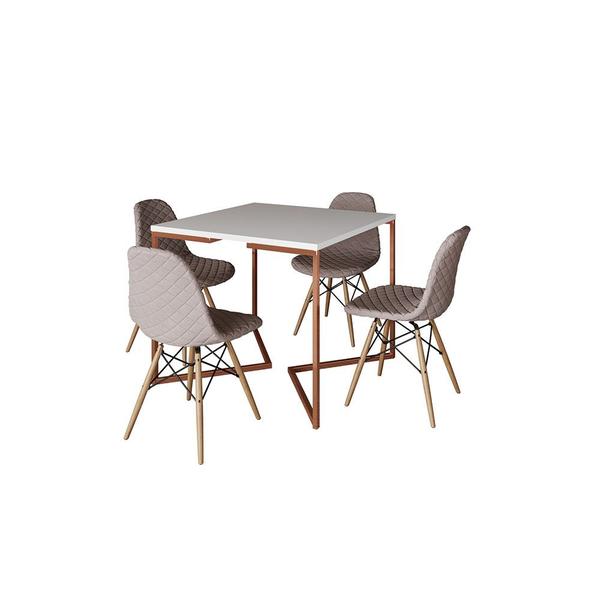 Imagem de Mesa Jantar Industrial Base Cobre V 90cm Quadrada Branca C/ 4 Cadeiras Madeira Eames Estofada Nude M