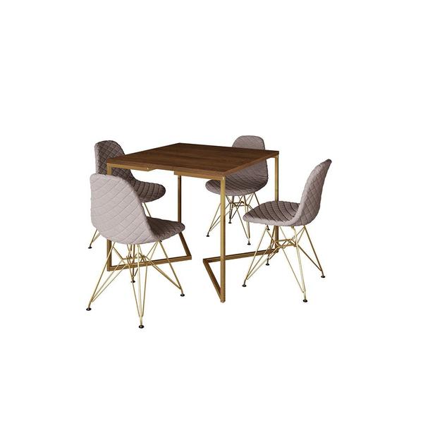 Imagem de Mesa Jantar Industrial Base V 90cm Quadrada Amêndoa C/ 4 Cadeiras Base Dourada Eames Estofada Nude M