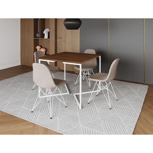 Imagem de Mesa Jantar Industrial Base V 90cm Quadrada Amêndoa C/ 4 Cadeiras Ferro Branco Eames Estofada Nude C