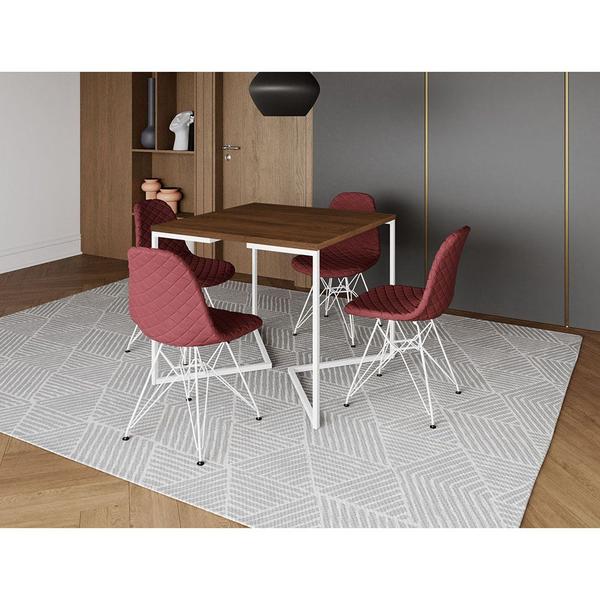 Imagem de Mesa Jantar Industrial Base V 90cm Quadrada Amêndoa C/ 4 Cadeiras Ferro Branco Eames Estofada Vermel