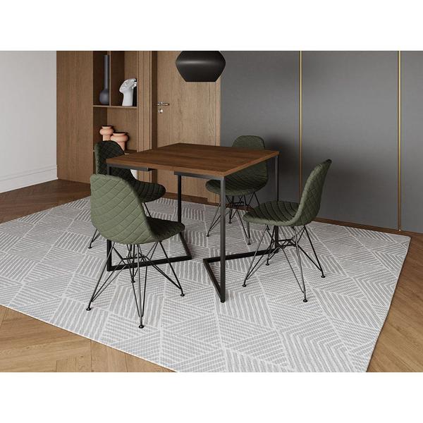 Imagem de Mesa Jantar Industrial Base V 90cm Quadrada Amêndoa C/ 4 Cadeiras Ferro Preto Eames Estofada Verde