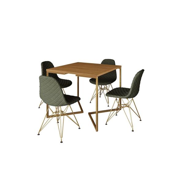 Imagem de Mesa Jantar Industrial Base V 90cm Quadrada Canela C/ 4 Cadeiras Base Dourada Eames Estofada Verde