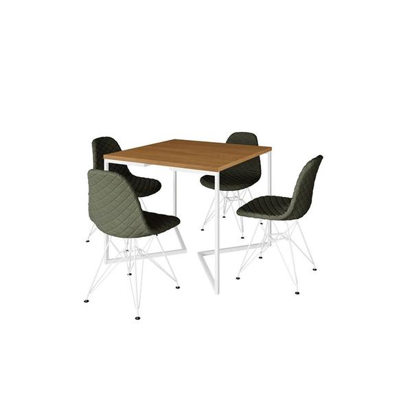 Imagem de Mesa Jantar Industrial Base V 90cm Quadrada Canela C/ 4 Cadeiras Ferro Branco Eames Estofada Verde