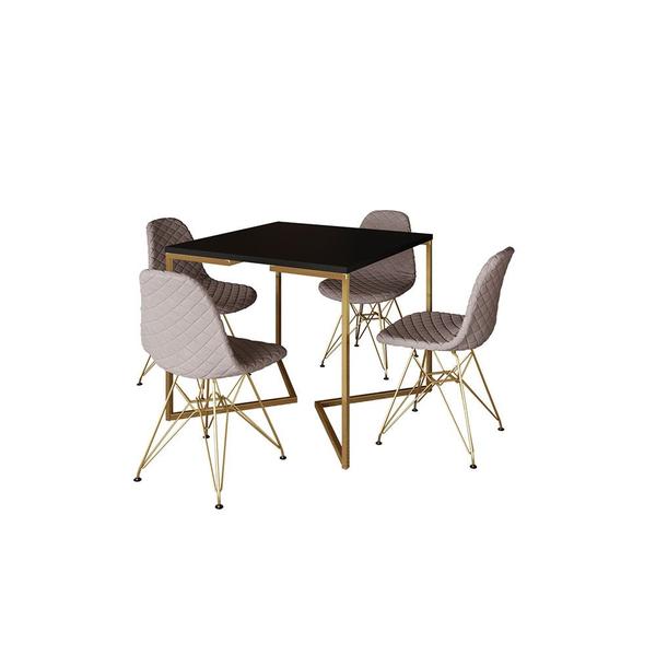 Imagem de Mesa Jantar Industrial Base V 90cm Quadrada Preta C/ 4 Cadeiras Base Dourada Eames Estofada Nude Méd