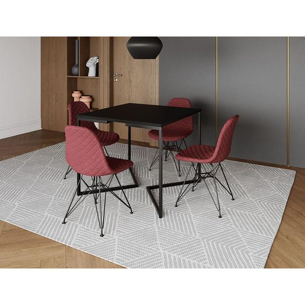 Imagem de Mesa Jantar Industrial Base V 90cm Quadrada Preta C/ 4 Cadeiras Ferro Preto Eames Estofada Vermelho