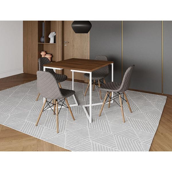 Imagem de Mesa Jantar Industrial Base V Ferro Branco 90cm Quadrada Amêndoa 4 Cadeira Madeira Estofada Grafite