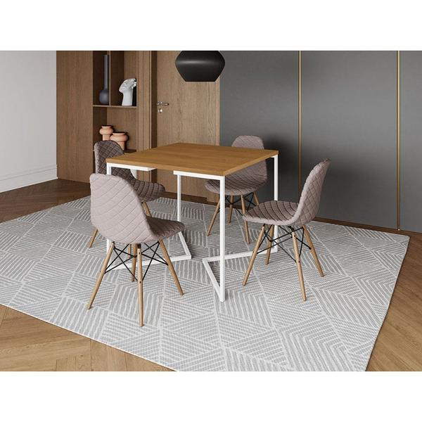 Imagem de Mesa Jantar Industrial Base V Ferro Branco 90cm Quadrada Canela + 4 Cadeiras Madeira Estofada Nude M