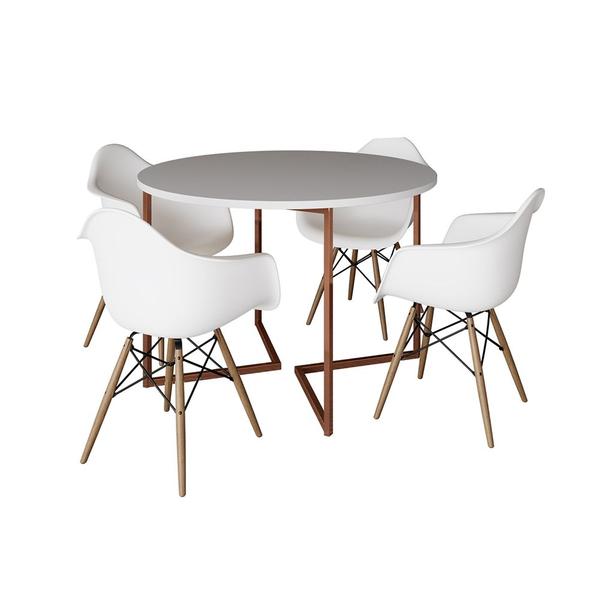 Imagem de Mesa Jantar Industrial Branca 110cm Redonda Base V Cobre com 4 Poltronas Eiffel Brancas Madeira