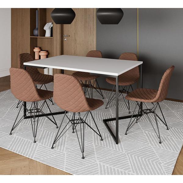 Imagem de Mesa Jantar Industrial Branca 137x90cm Base V com 6 Cadeiras Estofadas Caramelo Eiffel Aço Preto 