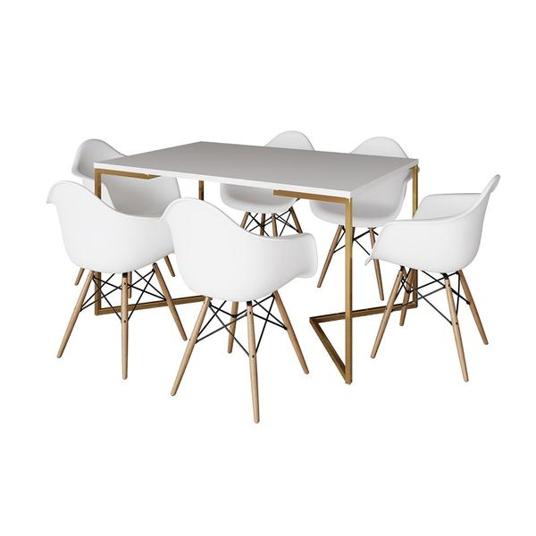 Imagem de Mesa Jantar Industrial Branca 137x90cm Base V Dourada com 6 Poltronas Eames Eiffel Daw Madeira Branc