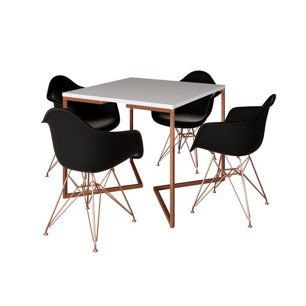 Imagem de Mesa Jantar Industrial Branca 90cm Quadrada Base Cobre V com 4 Poltronas Eames Eiffel Pretas Pés Cob