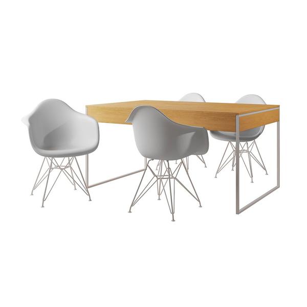 Imagem de Mesa Jantar Industrial Filadélfia Canela 137x90cm com 4 Poltronas Eames Eiffel Brancas Base Ferro Br