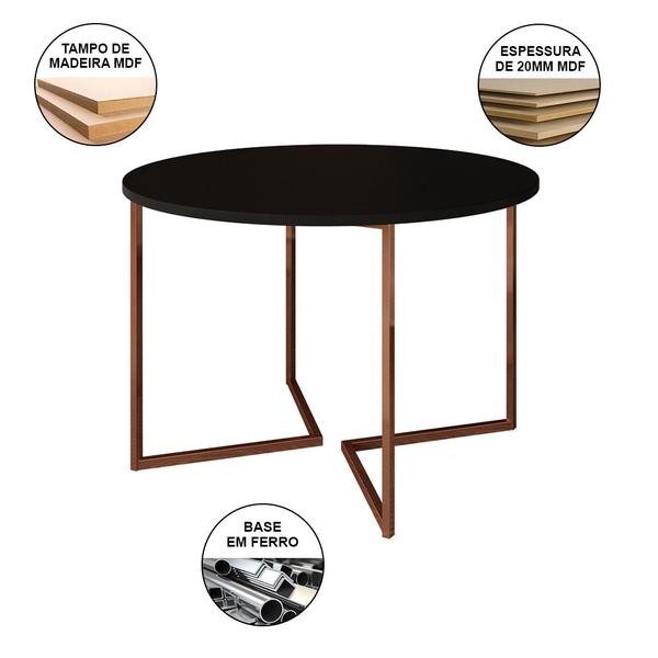 Imagem de Mesa Jantar Industrial Preta 110cm Redonda Base V Cobre com 4 Poltronas Eiffel Brancas Madeira