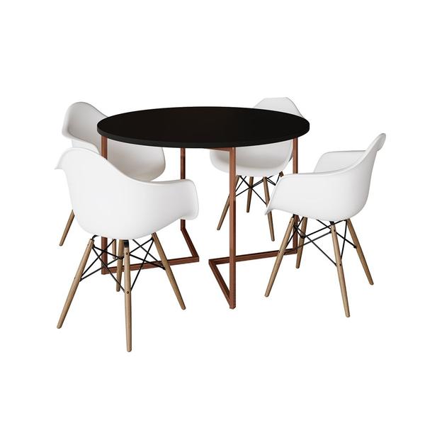 Imagem de Mesa Jantar Industrial Preta 110cm Redonda Base V Cobre com 4 Poltronas Eiffel Brancas Madeira