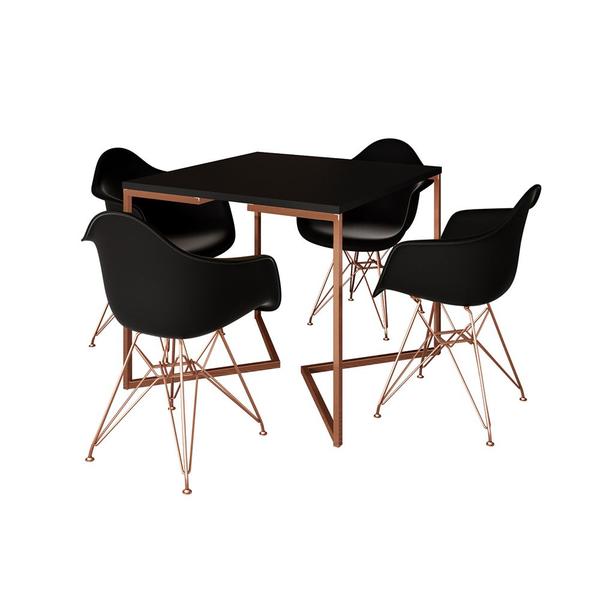 Imagem de Mesa Jantar Industrial Preta 90cm Quadrada Base Cobre V com 4 Poltronas Eames Eiffel Pretas Pés Cobr