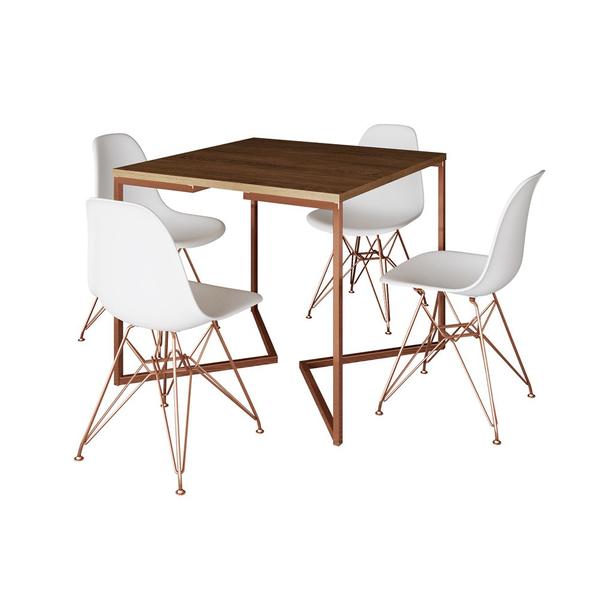 Imagem de Mesa Jantar Industrial Quadrada 90cm Amêndoa Base Cobre V com 4 Cadeiras Brancas Eames Eiffel Pés Co