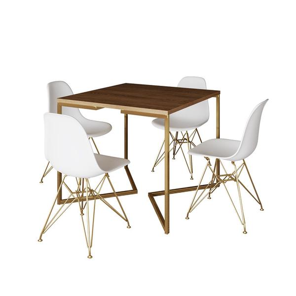 Imagem de Mesa Jantar Industrial Quadrada 90cm Amêndoa Base V com 4 Cadeiras Eames Eiffel Brancas Base Dourada