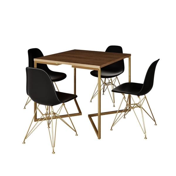 Imagem de Mesa Jantar Industrial Quadrada 90cm Amêndoa Base V com 4 Cadeiras Eames Eiffel Pretas Base Dourada