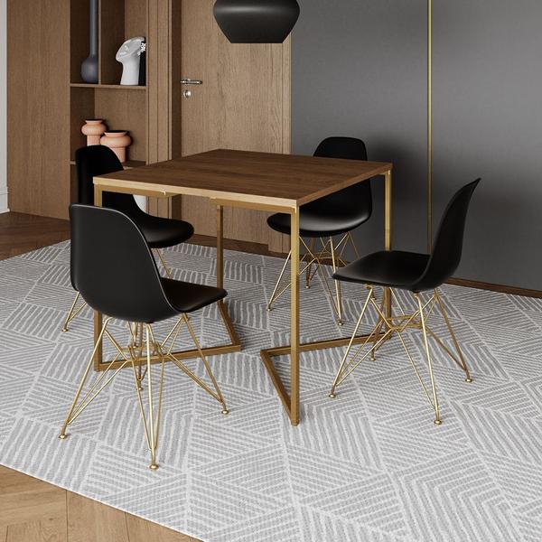 Imagem de Mesa Jantar Industrial Quadrada 90cm Amêndoa Base V com 4 Cadeiras Eames Eiffel Pretas Base Dourada