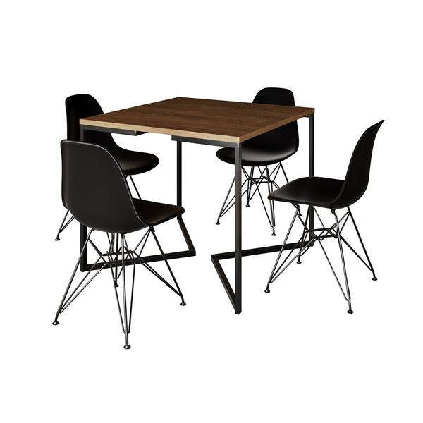 Imagem de Mesa Jantar Industrial Quadrada 90cm Amêndoa Base V com 4 Cadeiras Eames Eiffel Pretas Ferro Preto